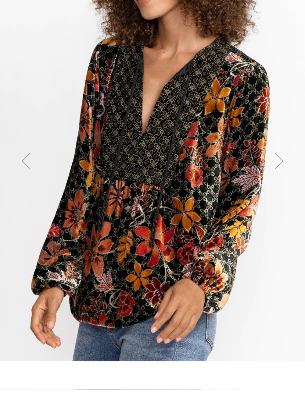 Johnny Was Velvet Floral Peasant Top - Black with Orange & Red Floral NWT size L
